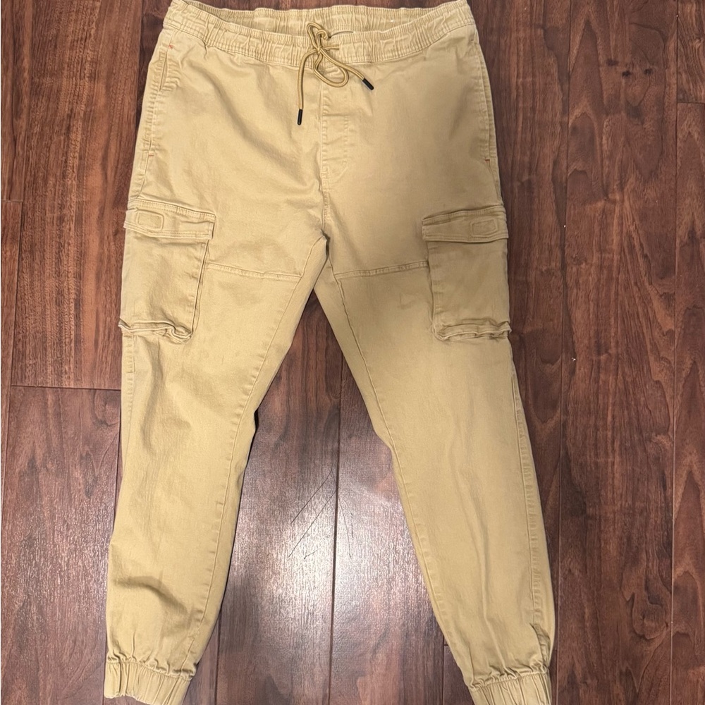 Tan Cargo Pants with Jogger Style and Elastic Waistband